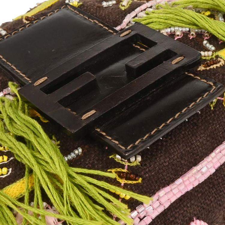 Pre Owned Fendi Brown Cotton Beaded Embroidered Baguette Handbag