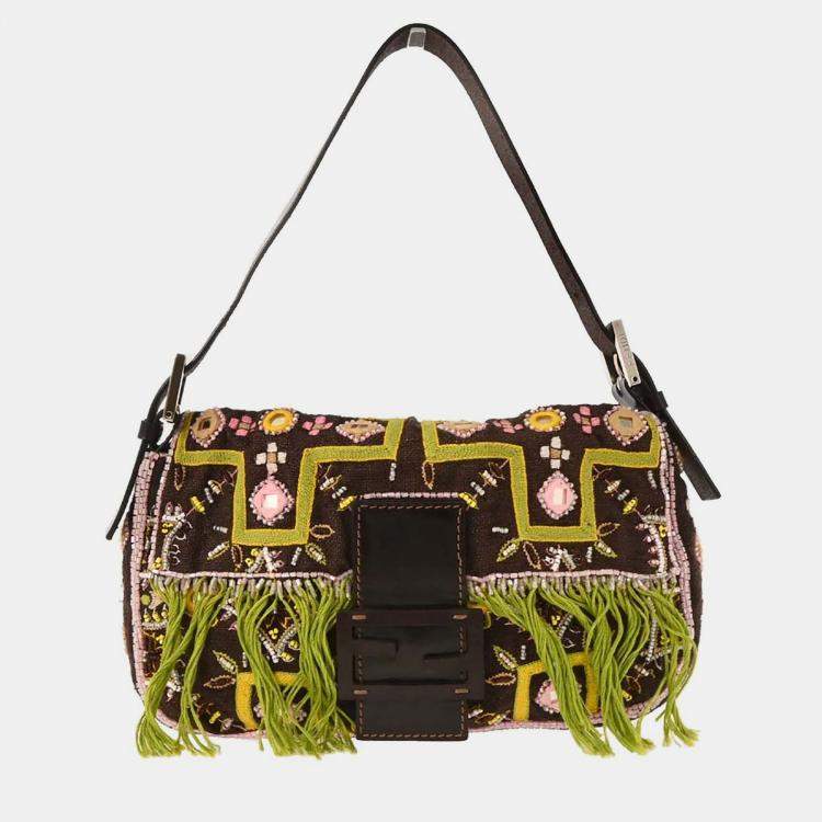 Pre Owned Fendi Brown Cotton Beaded Embroidered Baguette Handbag
