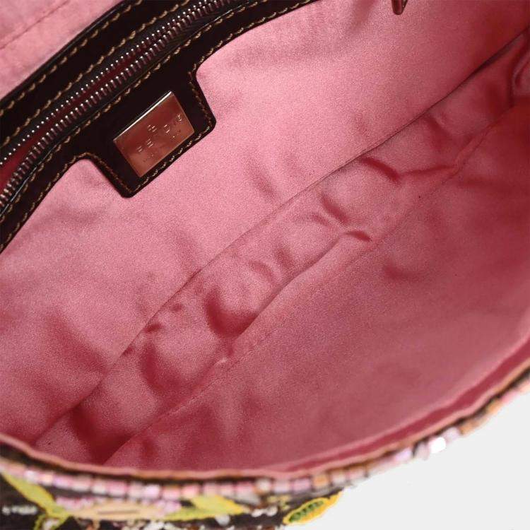Pre Owned Fendi Brown Cotton Beaded Embroidered Baguette Handbag