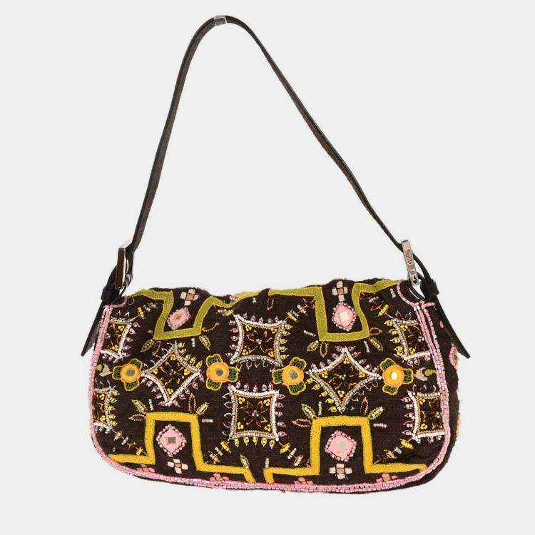 Pre Owned Fendi Brown Cotton Beaded Embroidered Baguette Handbag