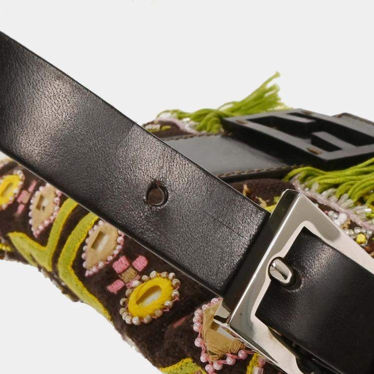 Pre Owned Fendi Brown Cotton Beaded Embroidered Baguette Handbag