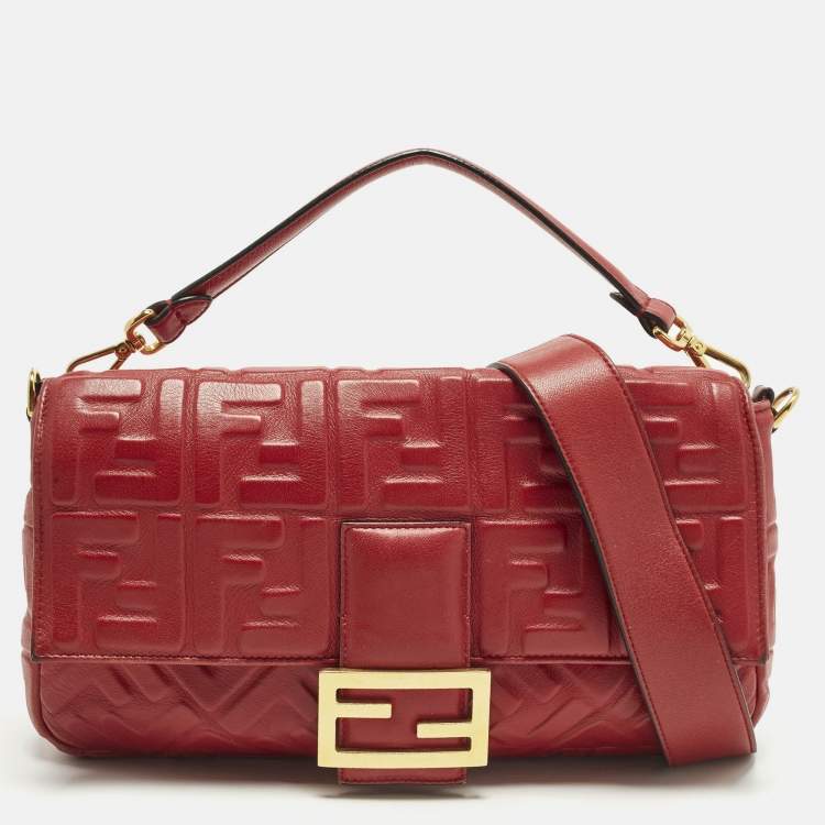 Pre Owned Fendi Baguette Large Red Zucca Embossed Leather Shoulder Bag