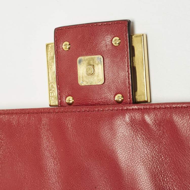 Pre Owned Fendi Baguette Large Red Zucca Embossed Leather Shoulder Bag