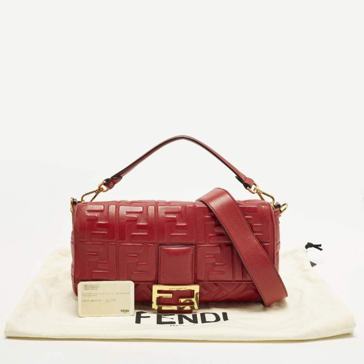 Pre Owned Fendi Baguette Large Red Zucca Embossed Leather Shoulder Bag