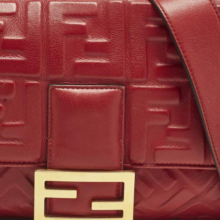 Pre Owned Fendi Baguette Large Red Zucca Embossed Leather Shoulder Bag
