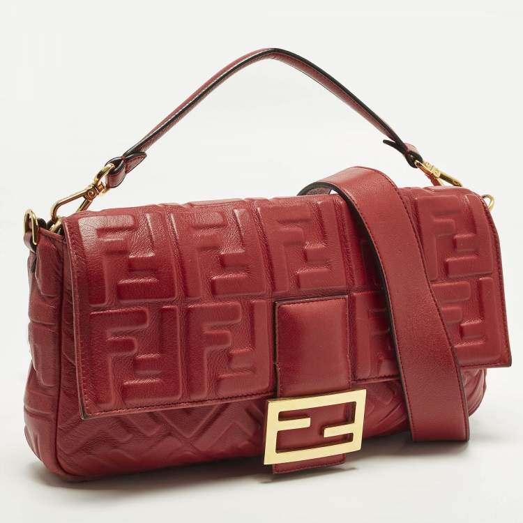 Pre Owned Fendi Baguette Large Red Zucca Embossed Leather Shoulder Bag
