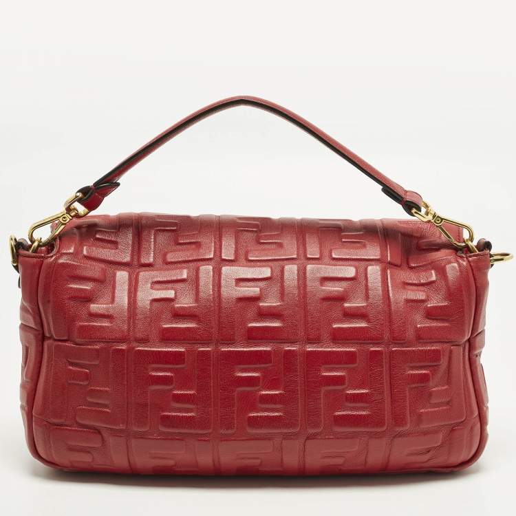 Pre Owned Fendi Baguette Large Red Zucca Embossed Leather Shoulder Bag