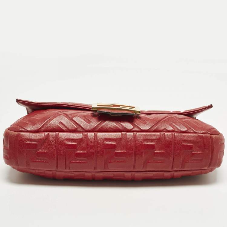 Pre Owned Fendi Baguette Large Red Zucca Embossed Leather Shoulder Bag