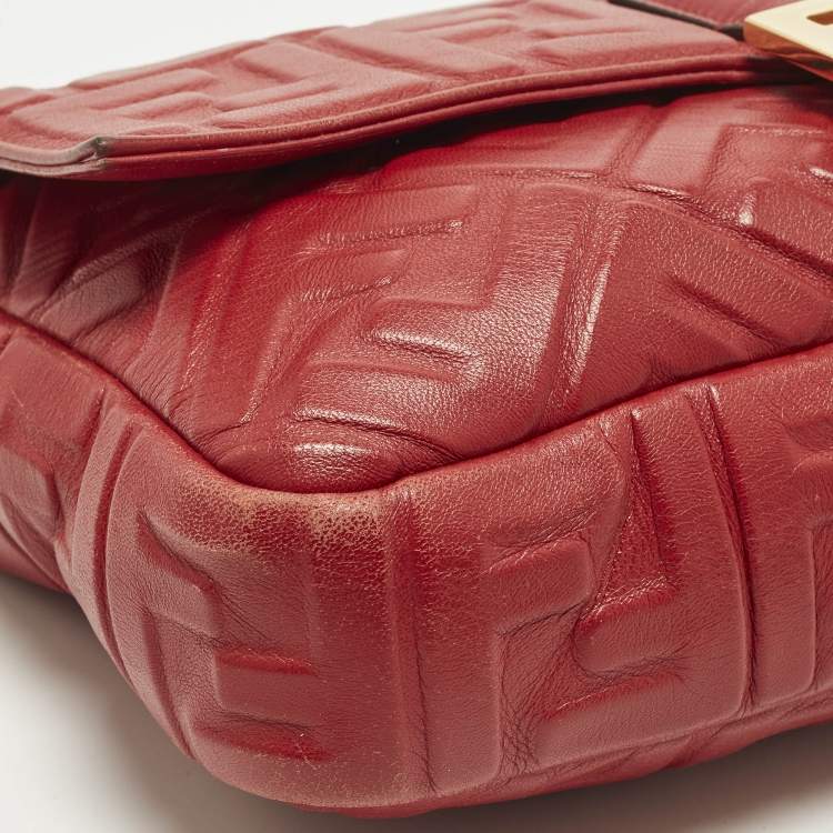 Pre Owned Fendi Baguette Large Red Zucca Embossed Leather Shoulder Bag
