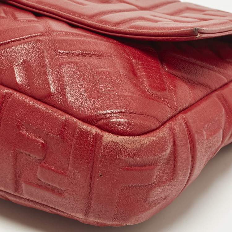 Pre Owned Fendi Baguette Large Red Zucca Embossed Leather Shoulder Bag