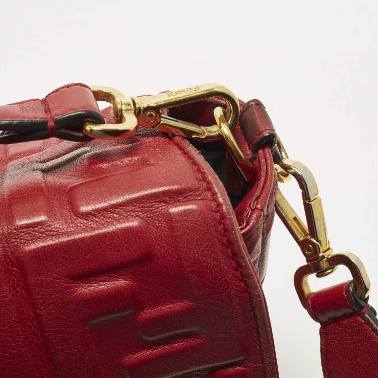 Pre Owned Fendi Baguette Large Red Zucca Embossed Leather Shoulder Bag