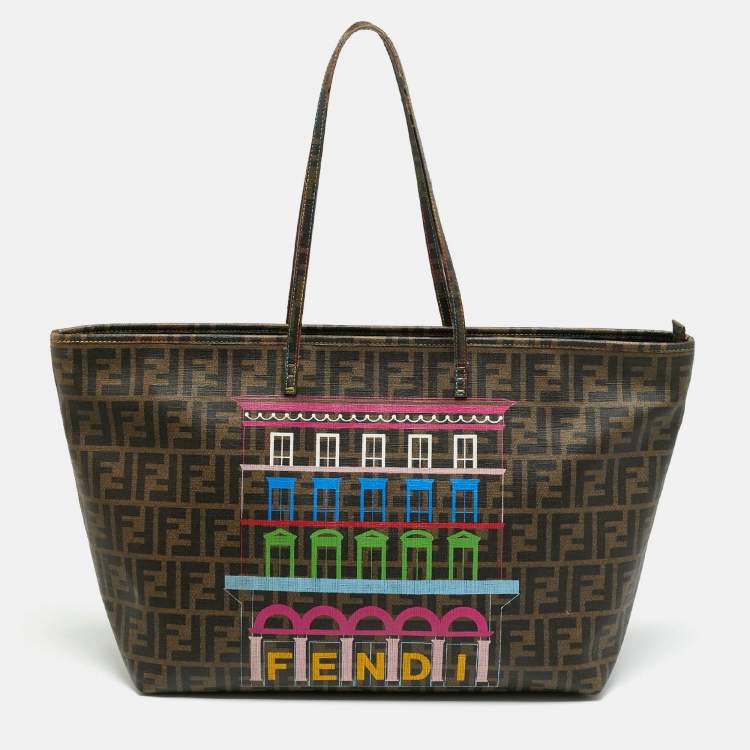 Pre Owned Fendi Roll Tobacco Zucca Coated Canvas Printed Shopper Tote