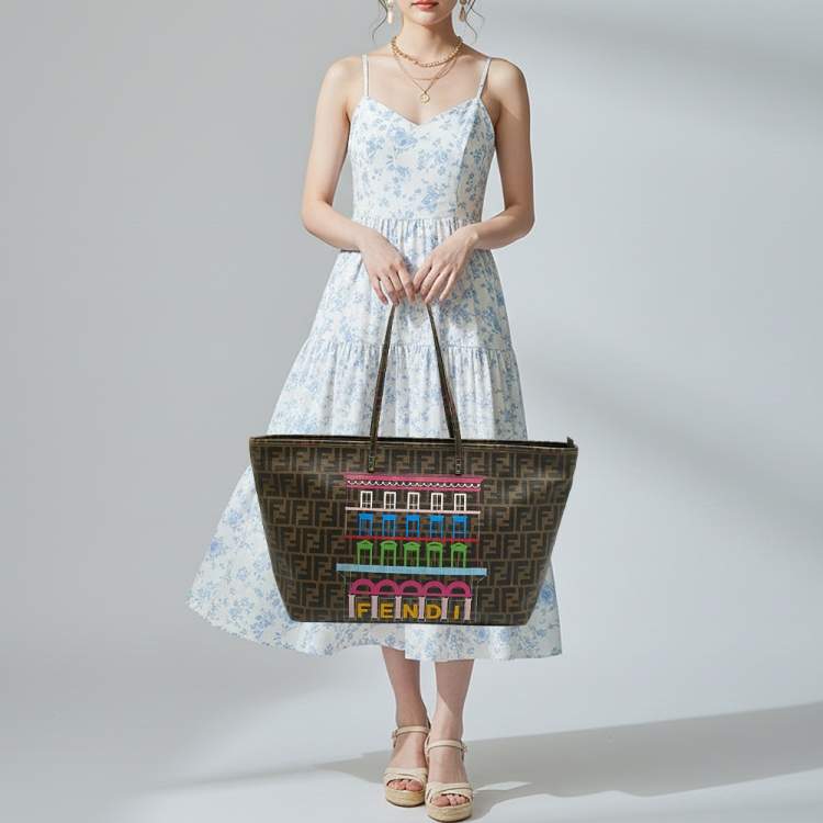 Pre Owned Fendi Roll Tobacco Zucca Coated Canvas Printed Shopper Tote