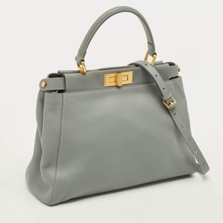 Pre Owned Fendi Peekaboo Medium Light Blue Leather Top Handle Bag