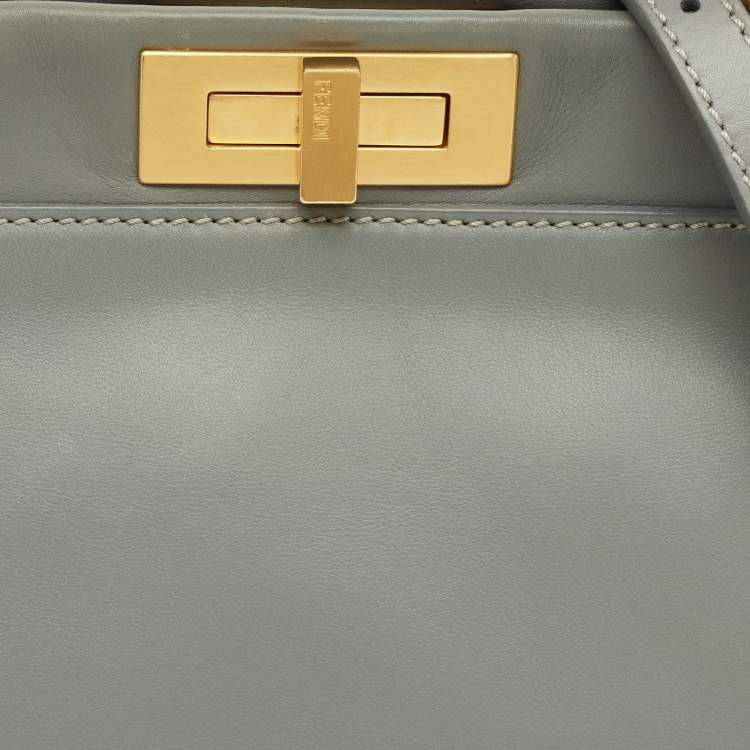 Pre Owned Fendi Peekaboo Medium Light Blue Leather Top Handle Bag