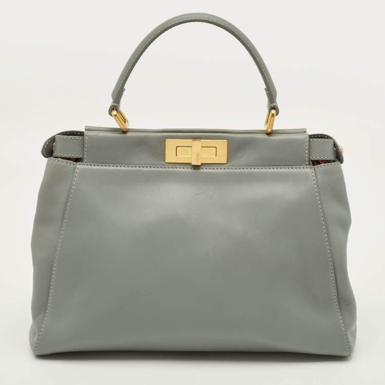 Pre Owned Fendi Peekaboo Medium Light Blue Leather Top Handle Bag
