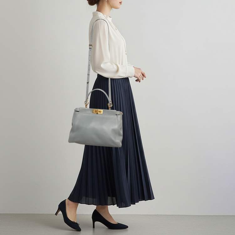 Pre Owned Fendi Peekaboo Medium Light Blue Leather Top Handle Bag