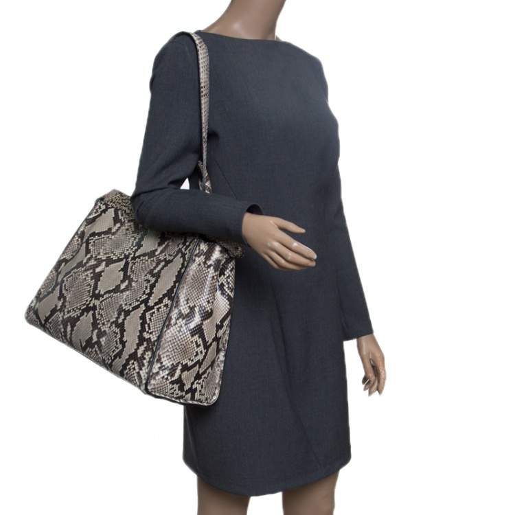 Pre Owned Fendi Beige Python with Suede and Python Lining Large Peekaboo Top Handle Bag