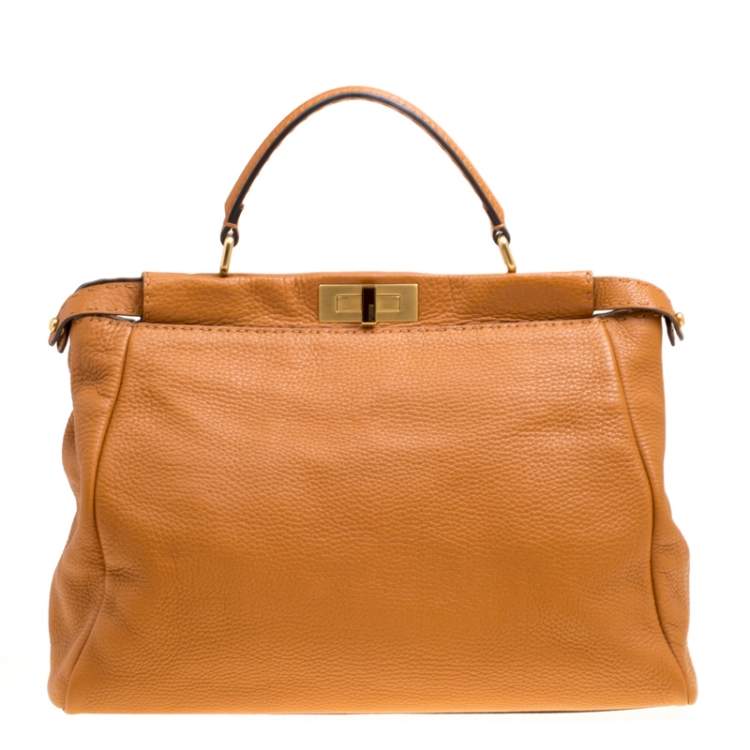 Pre Owned Fendi Brown Selleria Leather Large Peekaboo Top Handle Bag