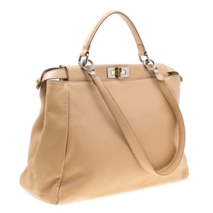 Pre Owned Fendi Beige Leather Large Peekaboo Top Handle Bag