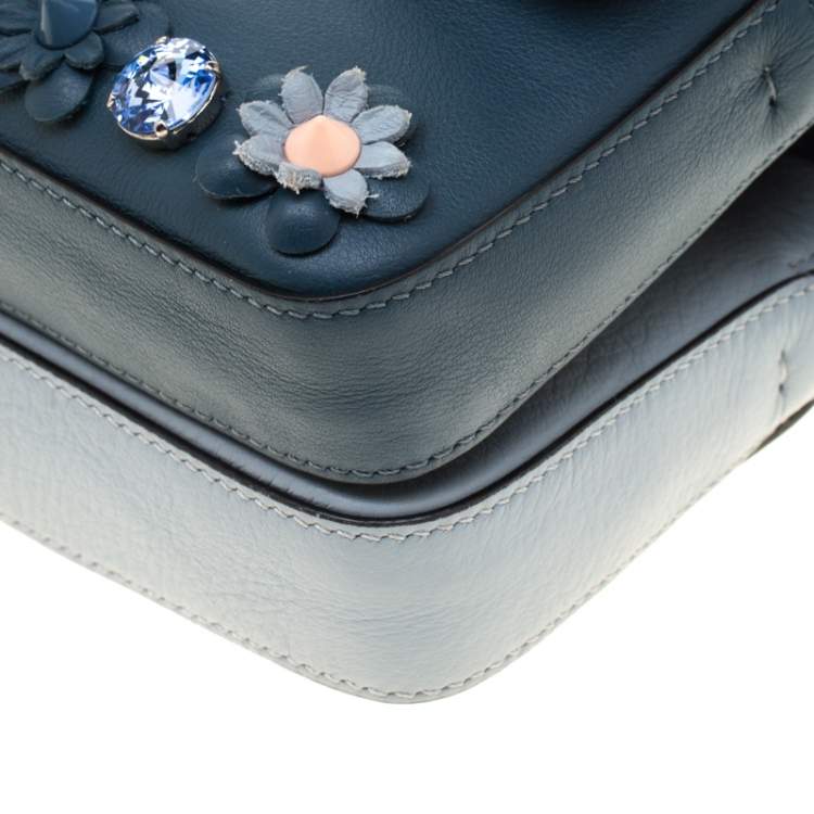 Pre Owned Fendi Blue Flowerland Leather Double Micro Baguette Bag