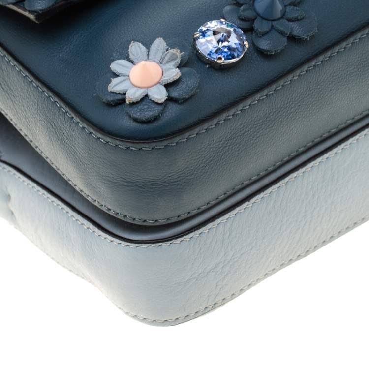 Pre Owned Fendi Blue Flowerland Leather Double Micro Baguette Bag