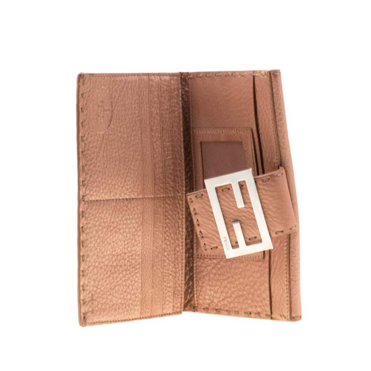 Pre Owned Fendi Rose Gold Metallic Leather Selleria Wallet