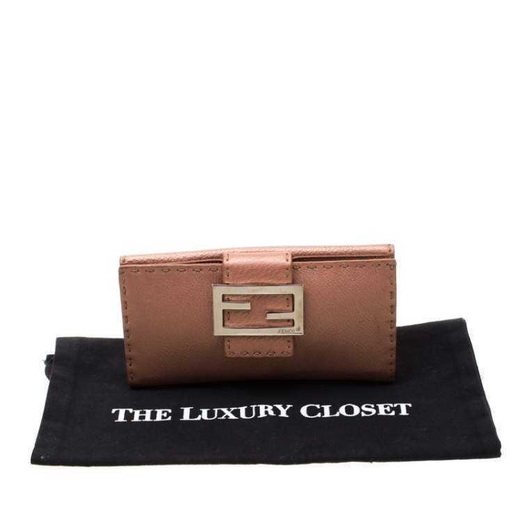 Pre Owned Fendi Rose Gold Metallic Leather Selleria Wallet