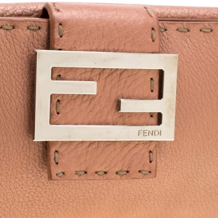 Pre Owned Fendi Rose Gold Metallic Leather Selleria Wallet