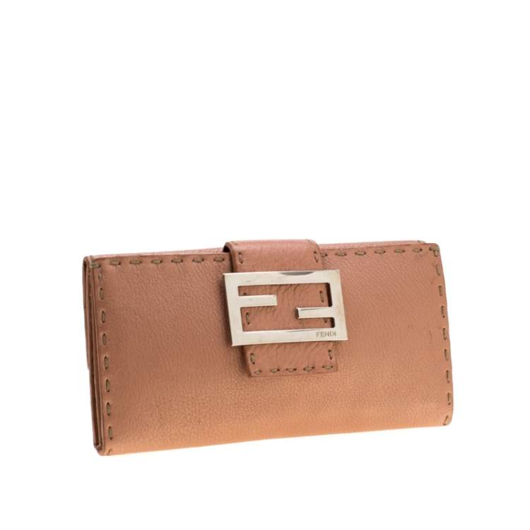 Pre Owned Fendi Rose Gold Metallic Leather Selleria Wallet