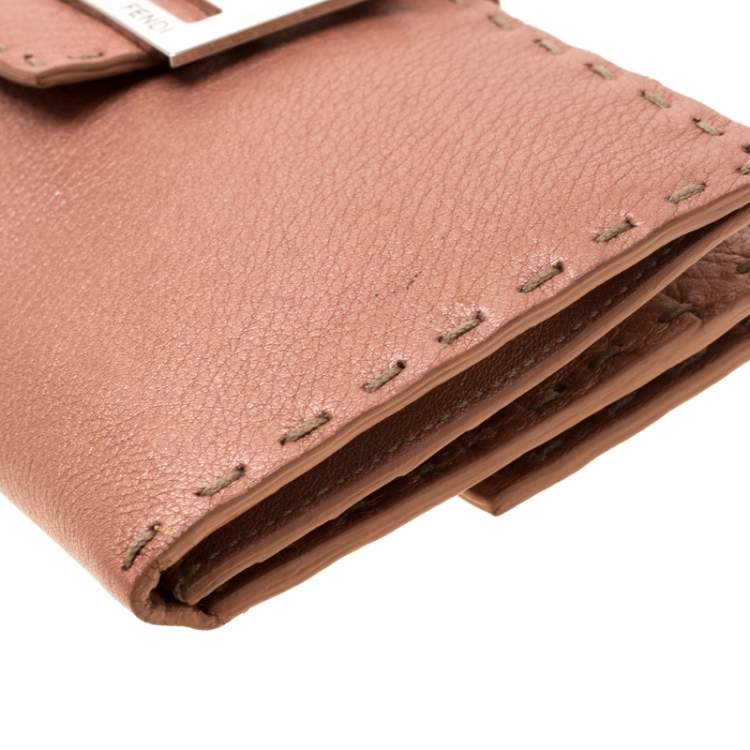 Pre Owned Fendi Rose Gold Metallic Leather Selleria Wallet