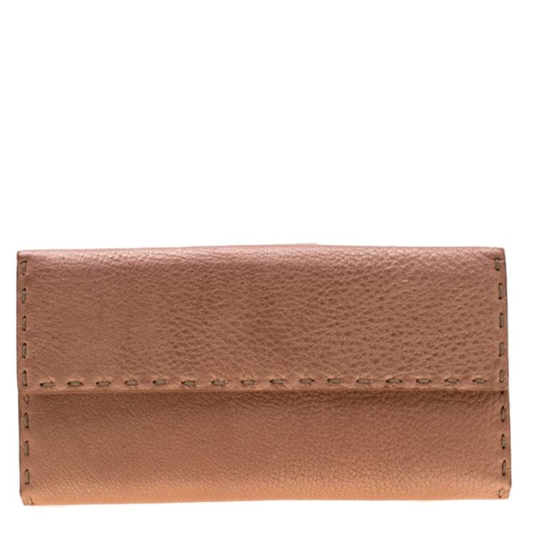 Pre Owned Fendi Rose Gold Metallic Leather Selleria Wallet