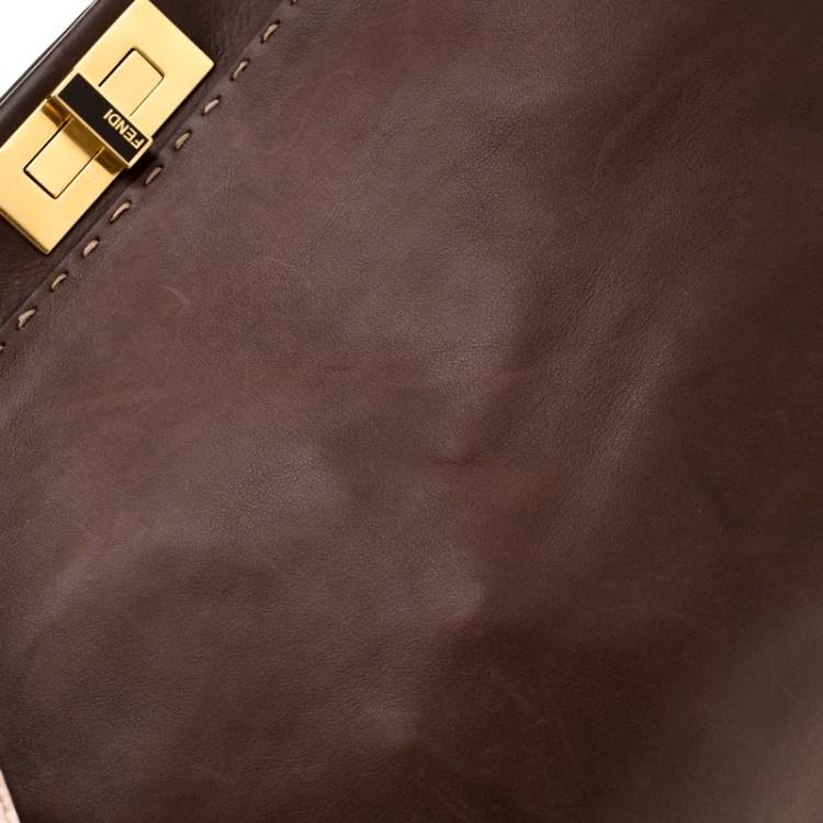 Pre Owned Fendi Brown/Pink Selleria Leather Large Peekaboo Top Handle Bag