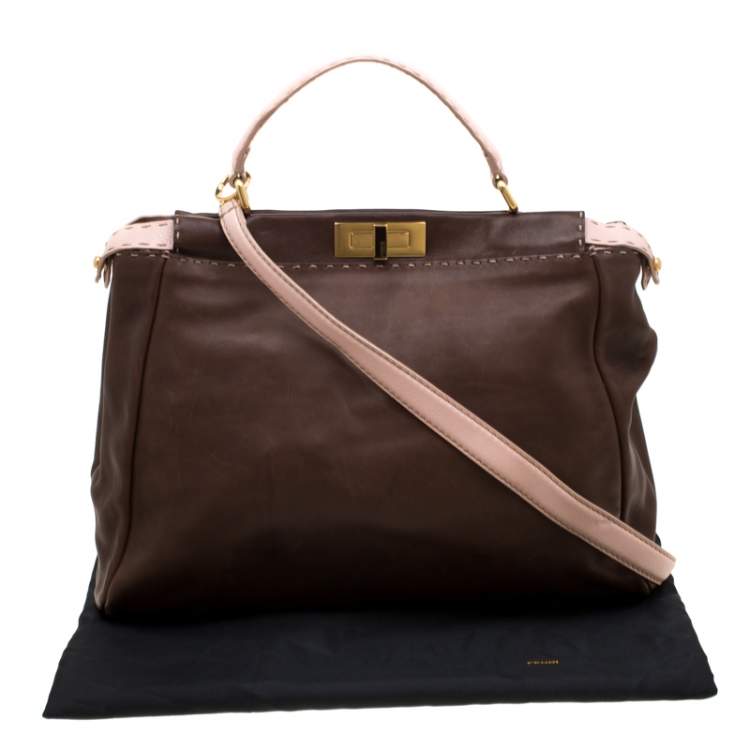Pre Owned Fendi Brown/Pink Selleria Leather Large Peekaboo Top Handle Bag