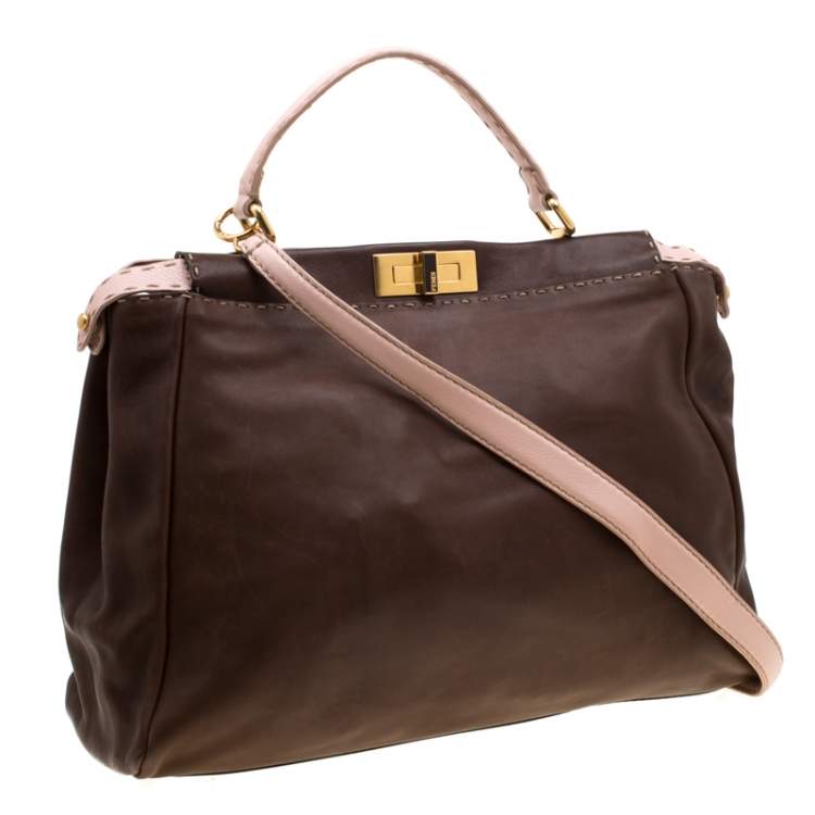 Pre Owned Fendi Brown/Pink Selleria Leather Large Peekaboo Top Handle Bag