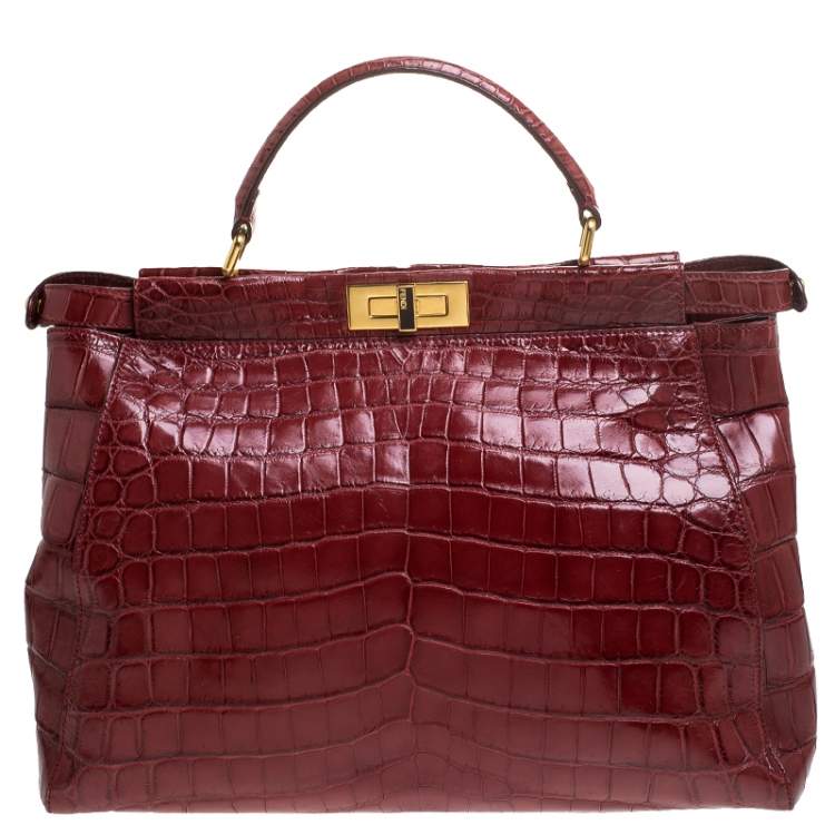 Pre Owned Fendi Red Crocodile Large Peekaboo Top Handle Bag