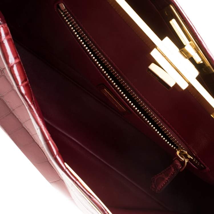 Pre Owned Fendi Red Crocodile Large Peekaboo Top Handle Bag
