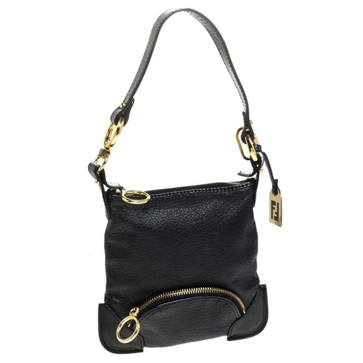 Pre Owned Fendi Black Leather Mini Front Pocket Bag