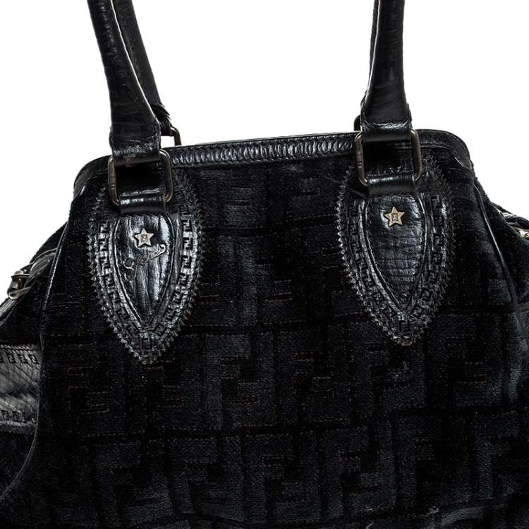 Pre Owned Fendi Black Zucchino Jacquard Etniko Satchel