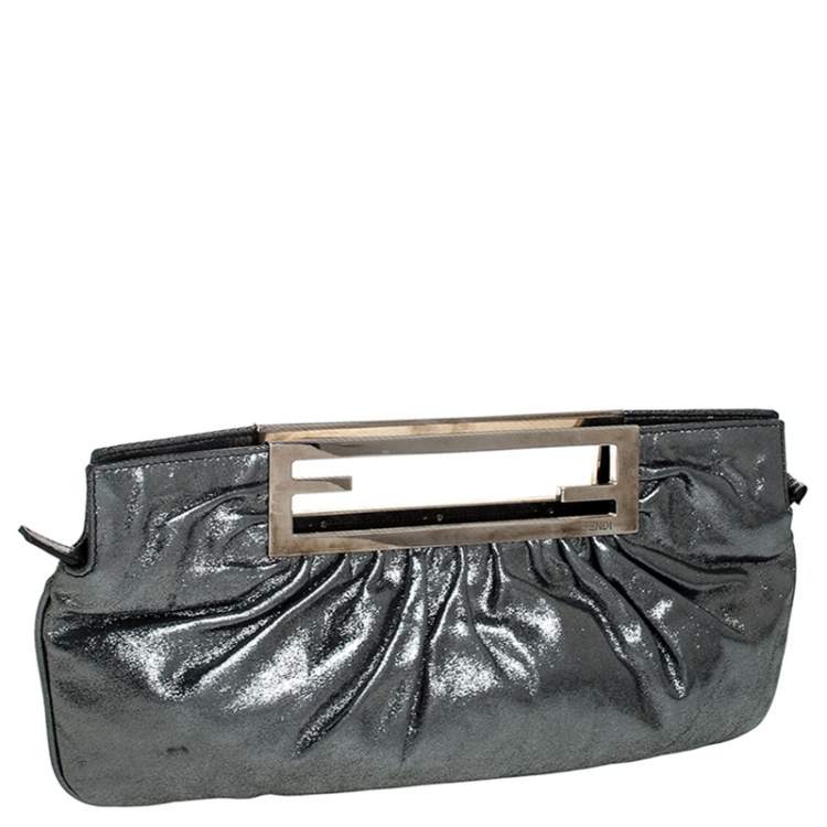 Pre Owned Fendi Metallic Grey Leather Cutout Handle Clutch