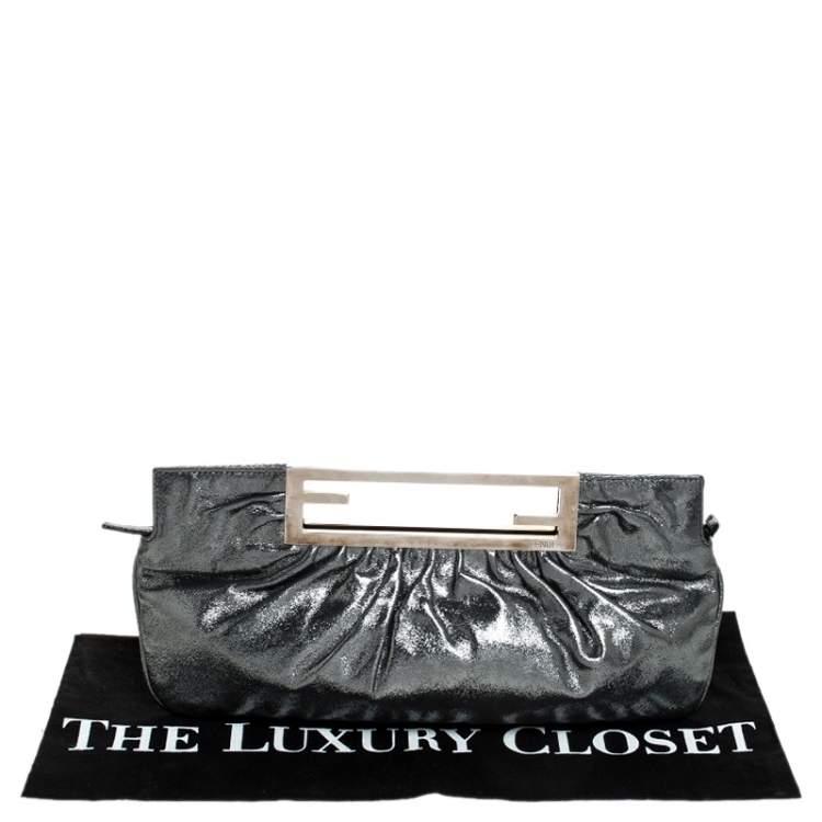 Pre Owned Fendi Metallic Grey Leather Cutout Handle Clutch