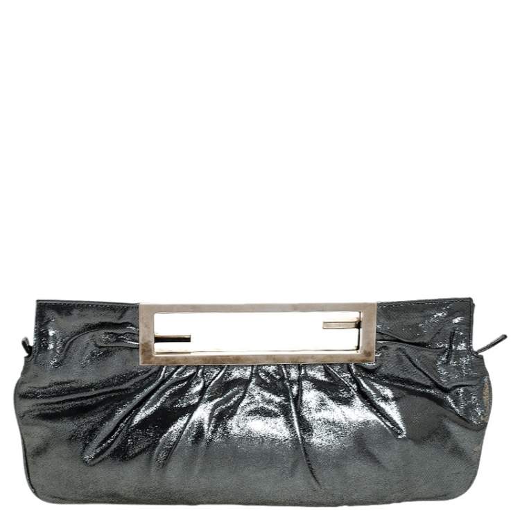Pre Owned Fendi Metallic Grey Leather Cutout Handle Clutch