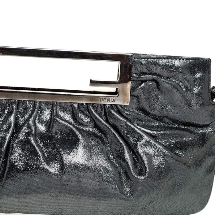 Pre Owned Fendi Metallic Grey Leather Cutout Handle Clutch