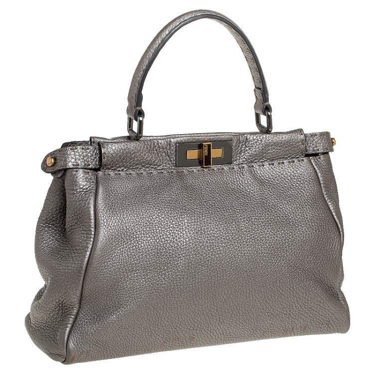 Pre Owned Fendi Metallic Grey Selleria Leather Medium Peekaboo Top Handle Bag