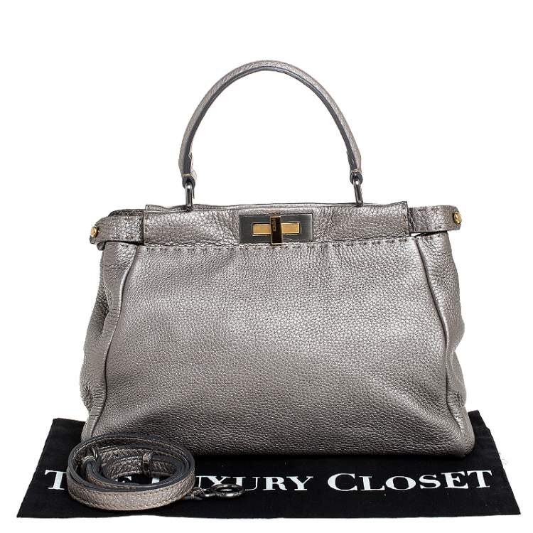 Pre Owned Fendi Metallic Grey Selleria Leather Medium Peekaboo Top Handle Bag