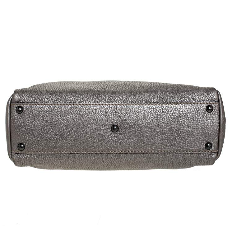 Pre Owned Fendi Metallic Grey Selleria Leather Medium Peekaboo Top Handle Bag