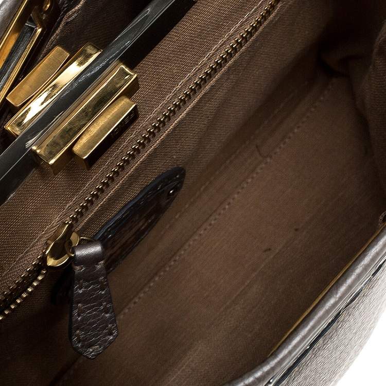Pre Owned Fendi Metallic Grey Selleria Leather Medium Peekaboo Top Handle Bag