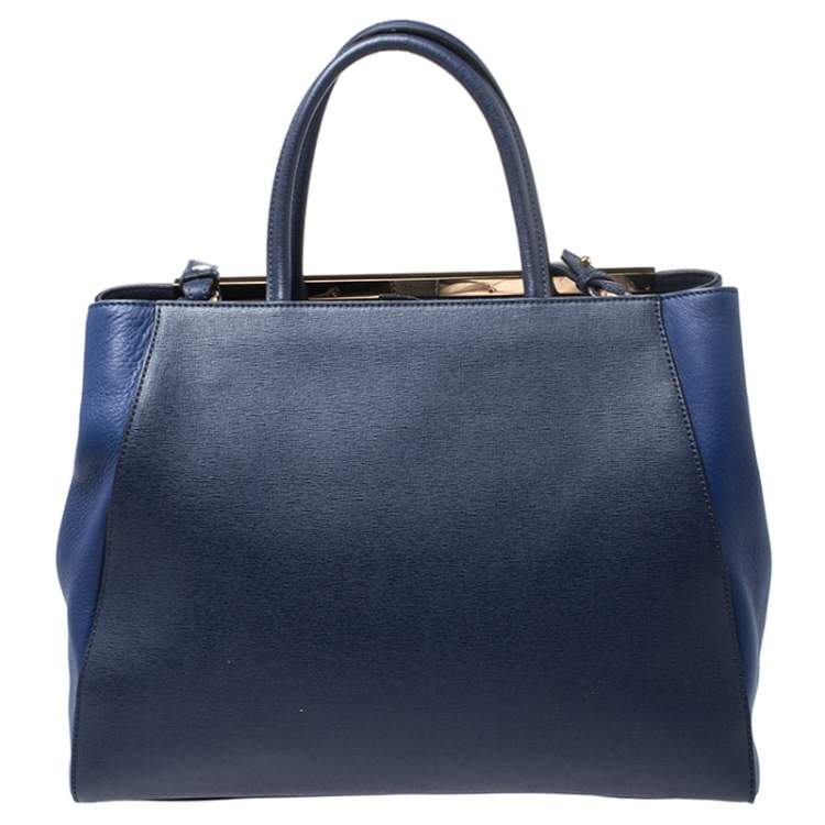 Pre Owned Fendi Blue Two Tone Leather Medium 2Jours Tote
