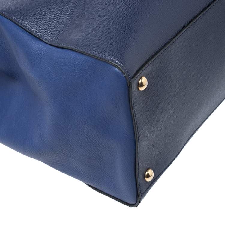 Pre Owned Fendi Blue Two Tone Leather Medium 2Jours Tote