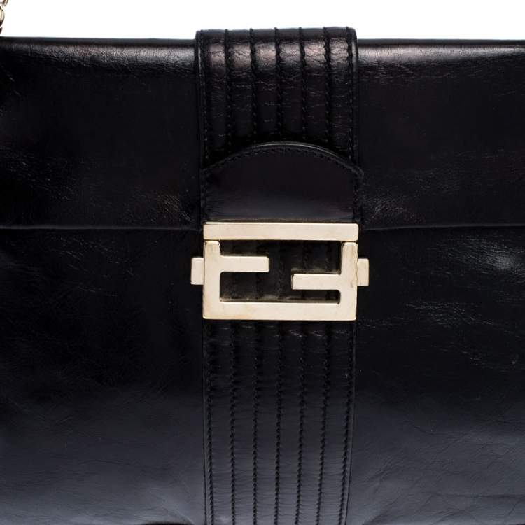 Pre Owned Fendi Black Leather Maxi Baguette Flap Shoulder Bag